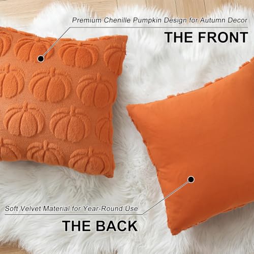 Image of decorUhome Fall Decorative Orange Pumpkin Throw Pillow Covers 20x20 Set of 2, Soft Faux Fur Plush Farmhouse Accent Pillow Cases for Couch Bed Sofa Autumn Harvest Halloween Holiday Home Decor