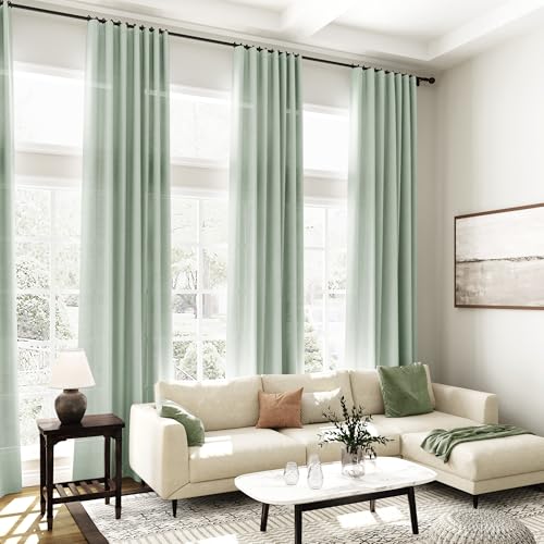 Image of Extra Long Aqua Green Linen Curtains 120 Inch for Living Room 2 Panels Set Rod Pocket Back Tab Light Filtering Semi Sheer Linen Window Drapes Privacy High Ceiling Drapes for Farmhouse 52x120