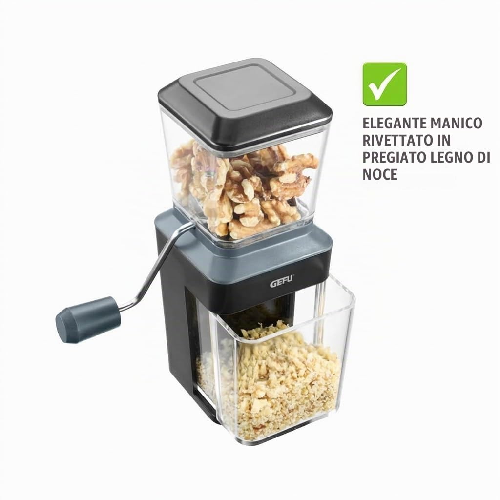 GEFU Trito - Macinasce in acciaio inox con manovella, per noci, mandorle, cioccolato, biscotti, con cassetto di raccolta, lavabile in lavastoviglie