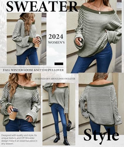 Image of MARZXIN Women's 2026 Fall Long Sleeve Sweaters Casual Loose Striped Off Shoulder Casual Oversized Knitted Sweater Pullovers