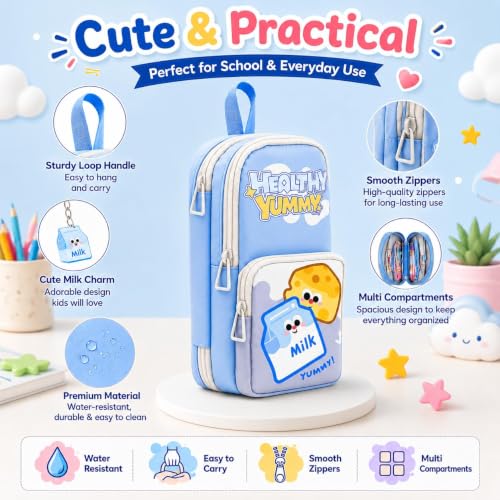 Image of Invite Enterprise Double Zipper Pencil Pouch for Kids | Large Capacity Stationery Organizer | Multi-Compartment Pencil Case for School, Office & Travel | Cute Food Theme Design