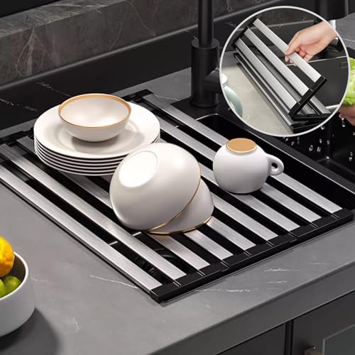 Over Sink Dish Drying Rack - Foldable Stainless Steel Drainer for Kitchen Sink Counter, Multipurpose Dish Rack, Roll Up Dryer Drain Dishes Organizer, Silicone Wrapped Dish Drying Rack, (17.5