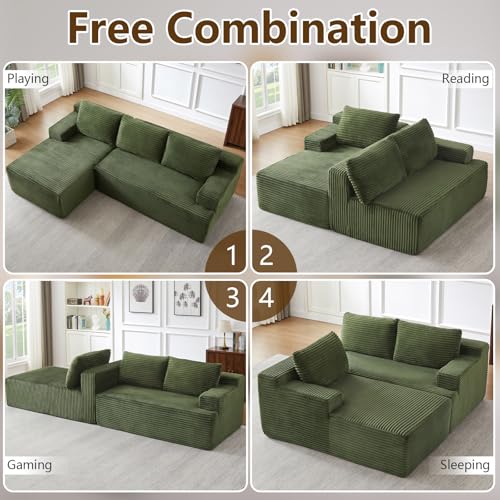 Image of 96.1 inch Modular Sectional Sofa Couches L-Shape Couch 3 Seat Modular Sofa Corduroy Memory Foam Sectional Boneless Couches for Living Room, Cloud Couch with Oversized Chaise(Green, Left Facing)