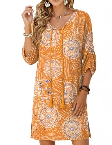 Image of Zeagoo Womens Boho Dresses Casual Beach Summer Dress Tassel Tie Neck 3 /4 Long Sleeve Mini Sundress 2026 Floral Print Cover Up