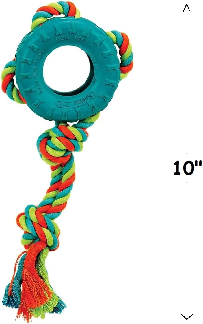 Colorful Tire Tug Dog Toy 10" Rope Tough Rubber Textured Gum Massage Toss Tug Fetch (4 Tug Toys)
