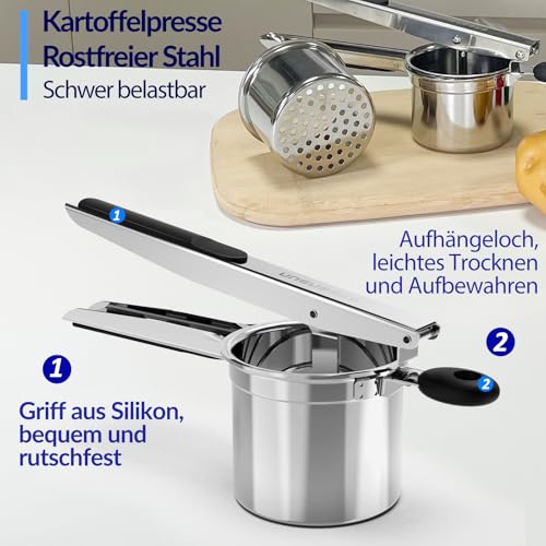Kartoffelpresse für flauschiges Kartoffelpüree, 450ML, 2 austauschbare feste Scheiben, abnehmbare und strapazierfähige mit Silikongriff – Ansicht 2