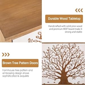 Mfstudio wood accent storage cabinet with 2 doors farmhouse tree pattern decorative cabinet buffet sideboard display cabinet for entryway living room  urban country home decor