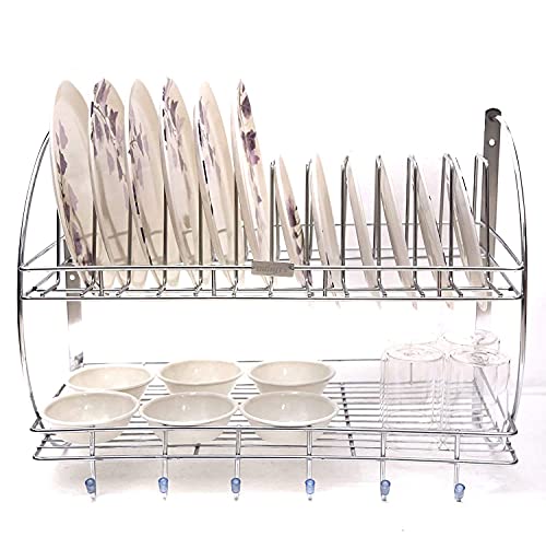 Image of Premium Stainless Steel 2-Tier Wall Mounted Kitchen Dish Drainer Rack - Plate, Cup, Cutlery & Glass Holder | Space-Saving Utensil Storage Organizer for Crockery