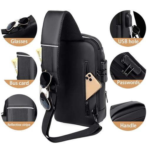 Travel Sling Bag Waterproof Crossbody Bag with Combination Lock Anti-Theft PU Leather Chest Bag with USB Charging Hole Shoulder Backpack Black4