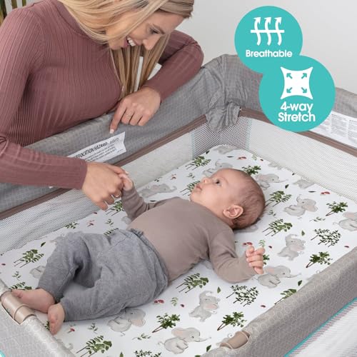 Pack n Play Sheets, BROLEX 2 Pack Mini Crib Sheets,Stretchy Portable Fitted Playard Sheet Set, Convertible Playard Mattress Cover,Ultra Soft Breathable Material,Elephants & Bears