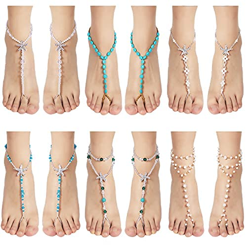 Hicarer 12-Piece Beach Feet Jewelry Set - Elegant Barefoot Sandals, Rhinestone Toe Rings, Starfish and Faux Pearl Foot Chains for Women - Image 2