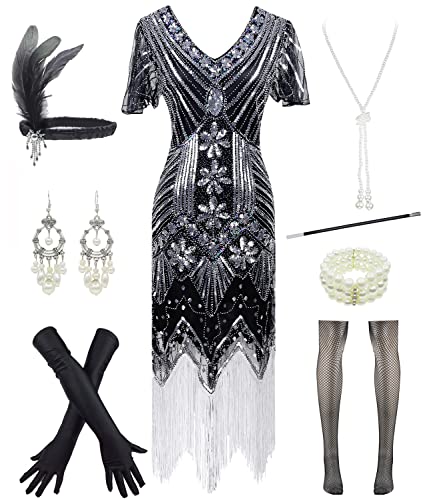 Image of Women 1920s Gatsby Vintage Sequin Flapper Fringe Party Plus Dress with 20s Accessories Set