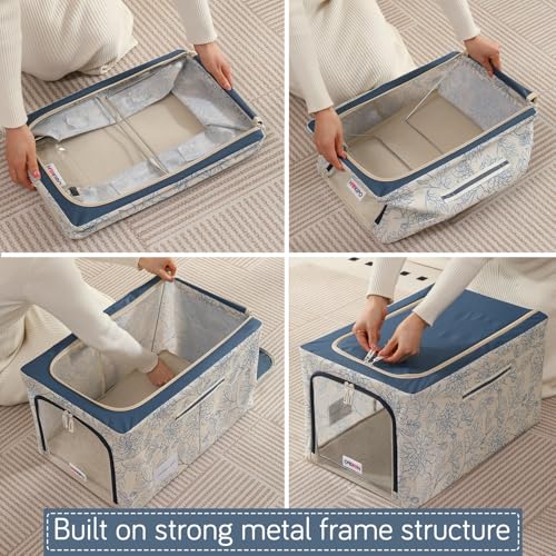 Image of HOKIPO Clothes Storage Box, 600D Oxford Fabric Organiser for Wardrobe, Blue Blossom - Extra Large Pack of 1 (AR-6490-BLU)