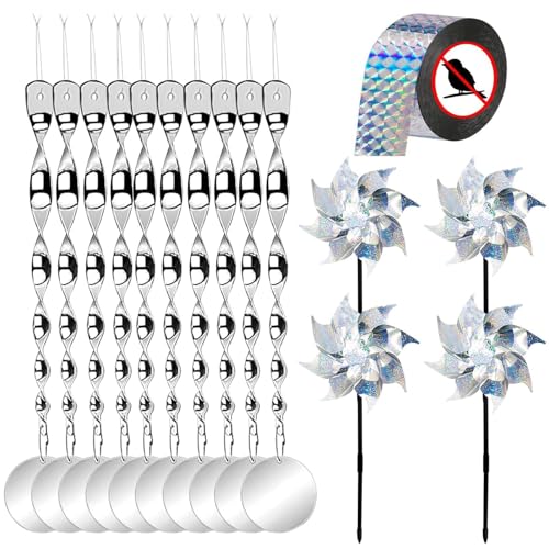 15 PCS Répulsif Oiseaux,avec 10 Répulsif Oiseaux réfléchissant+Anti-Oiseaux Épouvantail,4 Moulin à Vent Réfléchissant,1 Ruban Repulsif pour...