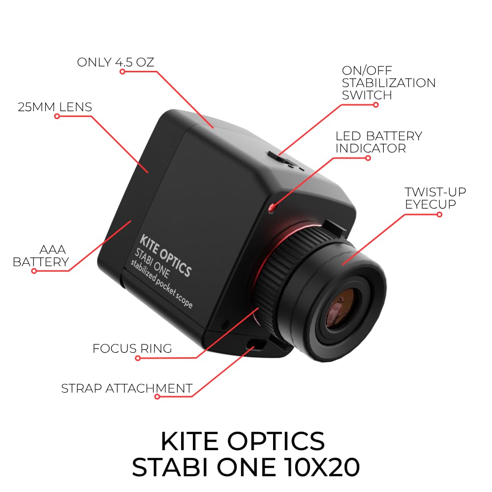 Kite Optics Stabi One, Bildstabilisiertes Taschenmonokular, ultrakompakt und leicht, 127,6 g, AAA-Batterie, wasserdicht IPX1, Vogelbeobachtung, Jagd und Outdoor-Aktivitäten