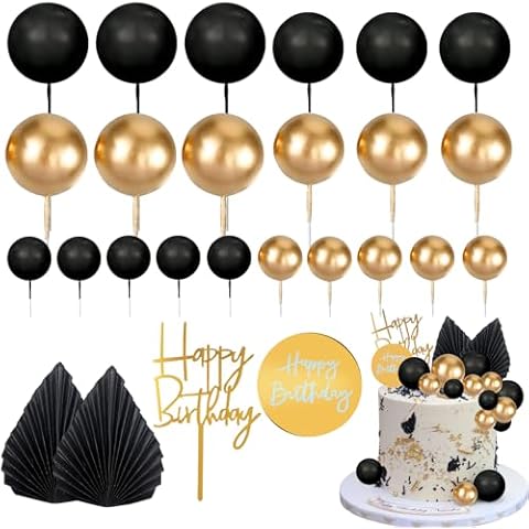MEMOVAN 26pcs Man Cake Topper Black Boho Cake Topper Black Gold Balls Palm Leaves Black Gold Cake Decorations for Man Boy Bohemian Black Theme Wedding Baby Shower Birthday Party Cover