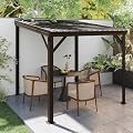 Domi 8'x8' Lean to Gazebo Hardtop, Expandable Wall Mounted Pergola with Gutters & Galvanized Steel Roof, 60MPH Wind Resistance, Outdoor Metal Heavy Duty Metal Awning for Patio, Deck, Backyard - Brown