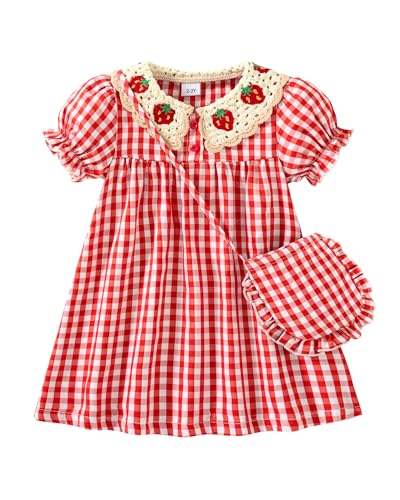 Yhnslsf 5t Dresses for Girls 4t Dress Smocked Ruffle Dress for Toddler Girl Red Strawberry Summer Essential 2 Piece Sets Plaid Printed Button Holiday Birthday Gifts Sundress with Cute Cross Bag