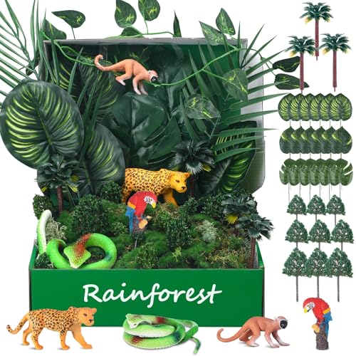 MiniInflat Rainforest Diorama Kit Rainforest Animals Figures Realistic Forest Animals Figures Including Model Tree Red Parrot Cobra Forest Diorama Supplies for Birthday Party Favor(Box Not Included)