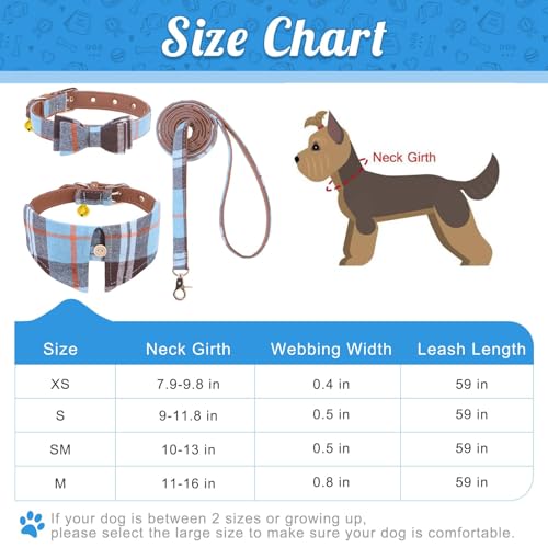 Image of EXPAWLORER Dog Collar and Leash Set - Classic Plaid Dog Collar with Bow Tie and Cute Bell, Dog Leash No Tangle, Adjustable Dog Collar for Small Medium Dogs Cats, Holiday Ideal Gift, Skyblue S