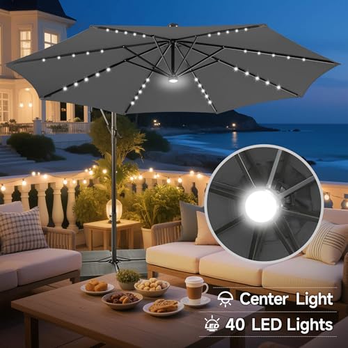 Image of Solar Offset Patio Umbrella - 10 FT Solar Cantilever Umbrella Outdoor with 40 LED Lights and Cross Base, UV Protection for Garden, Deck, Backyard, Pool, Porch, Anthracite