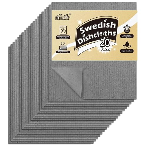 HOMEXCEL Swedish Dishcloths for Kitchen 20 Pack, Sponge Dish Cloth for Counters & Washing Dishes, Reusable and Absorbent Paper Towels, Grey