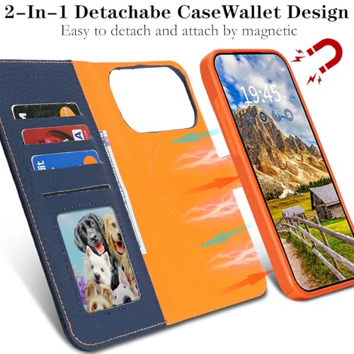 Image of Detachable Genuine Leather Case for iPhone 17 Pro Max Wallet Case Magnetic 2in1 Removable Flip Cover Book Purse Compatible with Magsafe Charging Kickstand Card Holder-Navy Blue+Orange