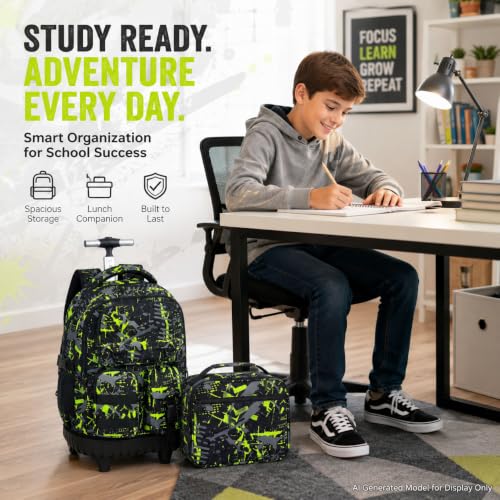 Image of CCJPX 3Pcs Rolling Backpack for Boys, Roller Wheeled School Bookbag, Graffiti Wheels Backpacks with Lunch Box for Kids (Green)