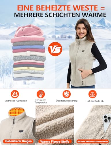 Toastiv Heizweste Damen mit Powerbank 7.4V 18400mAh，Fleece Wärmeweste - Waschbar Beheizte Weste für Outdoor & Alltag,Beige,M