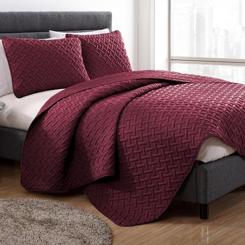 Image of Story@Home Quilted Bed Cover King Size Bed | 400 TC Bedspread | Quilted Bedsheet | Bedcover for Double Bed Cotton with 2 Pillow Cases | 250x225 CM 100% Cotton Bedsheet - Deep Maroon