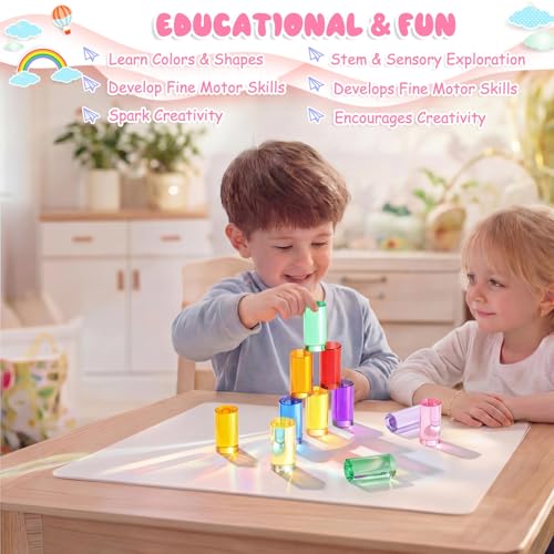 Image of Meooeck 10 Pcs Rainbow Acrylic Cylinder Blocks, Translucent Colored Gem Blocks Building Stacking Sensory Train Prims Toys for Toddler Kids Montessori School Classroom Supplies