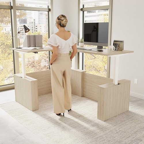 Image of Bush Business Furniture 60-inch Electric Height Adjustable L Shaped Standing Desk, Ergonomic Sit-Stand Computer Table for Office, Stratus Collection, Natural Elm with White Base