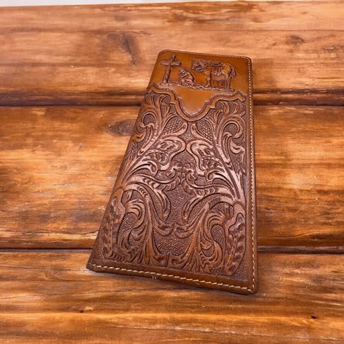 Men’s Long Leather Wallet – Embossed Cowboy Praying Design Rodeo Bifold – Hand Tooled Western Checkbook Wallet for Faith-Based Gifts & Ranchers2