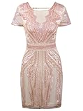 VIJIV Damen 1920 Kurze Abendkleider mit V-Ausschnitt Inspired Paillette-Cocktail-Flapper-Kleid l / uk14-16 / eu42-44 beige-rosa