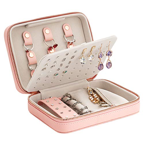 Jewelry Box, Necklace Ring Storage Portable Organizer Double Layer Leather Jewelry Case Gift Case for Women, Necklace Earrings Rings, Pink