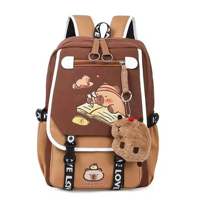Mochila Capybara para Adolescentes à Prova d'Água com Chaveiro de Pelúcia, Marrom e Bege, Mochila Escolar para Meninas e Meninos (2)
