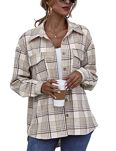 Himosyber Women's Casual Plaid Lapel Wool Blend Button Shacket Coat Blouse Shirt?Grey-L?