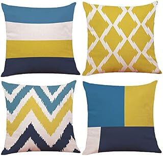 BCKAKQA Decorative Throw Pillow Case Geometric Cushion Covers 45cm x 45cm Blue Yellow Throw Pillow Covers 18 x 18 inch Linen Square Pillowcases Home Decor for Living Room Sofa Couch Set of 4