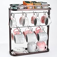 Double-Side Metal Mug Holder - 2 Tier, Holds 14 Mugs, Counter Coffee Cup Organizer with Storage Shelves, Dark Brown
