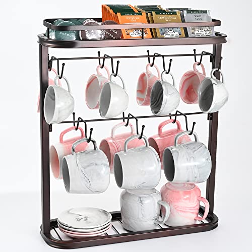Double-Side Metal Mug Holder - 2 Tier, Holds 14 Mugs, Counter Coffee Cup Organizer with Storage Shelves, Dark Brown