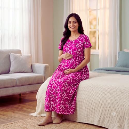 Image of Zero Clothing Feeding Dress for New Moms Casual Loungewear Ankle Length | Cotton Maternity Nighty | Zipless Feeding Dresses for Women | Pregnancy & Nursing Wear