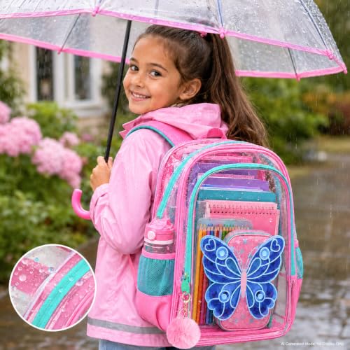 Image of WZLVO Kids Clear Backpack for Girls with Fluttering Wings, 16 inch Heavy Duty PVC Transparent Bookbag with Frame Reflective Strip, Cute See Through School Bags for Elementary Preschool - Butterfly Pink