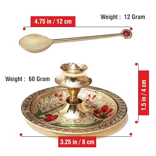 Image of Pure Source India Flower Embossed Colourful Meenakari Decorated Premium Brass Pooja Thali Set with Red Velvet Box, Festival Religious Return Gift Item