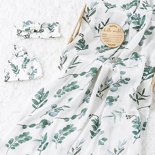 Image of BabyWhale Muslin Swaddle Blanket with Hat and Headband Bow, Boho Green Eucalyptus Leaves Swaddle Set for Newborns, Breathable Receiving Blanket Wrap, Large 47x47 inches