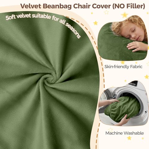 Image of Stuffed Animal Storage Bean Bag Chair Cover for Kids (No Filler), Soft Comfy Velvet Beanbag Chair Cover Machine Washable,Kids Bean Bag Chair with Handle for Living Room Bedroom Dorm,Dark Green