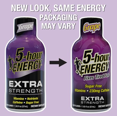 5-hour ENERGY Extra Strength Energy Shot, Grape Flavor, 30 Count, 1.93 oz., Zero Calories & Sugar-Free 230 mg Caffeinated Energy Shot, Amino Acids & B Vitamins, Dietary Supplements