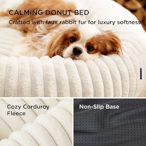 Bedsure Donut Medium Dog Bed - Washable Faux Fur with Corduroy Fleece & Anti Slip Bottom, Round Pet Bed with Removable Cover, Cream, 30x30x8 inches - Image 4