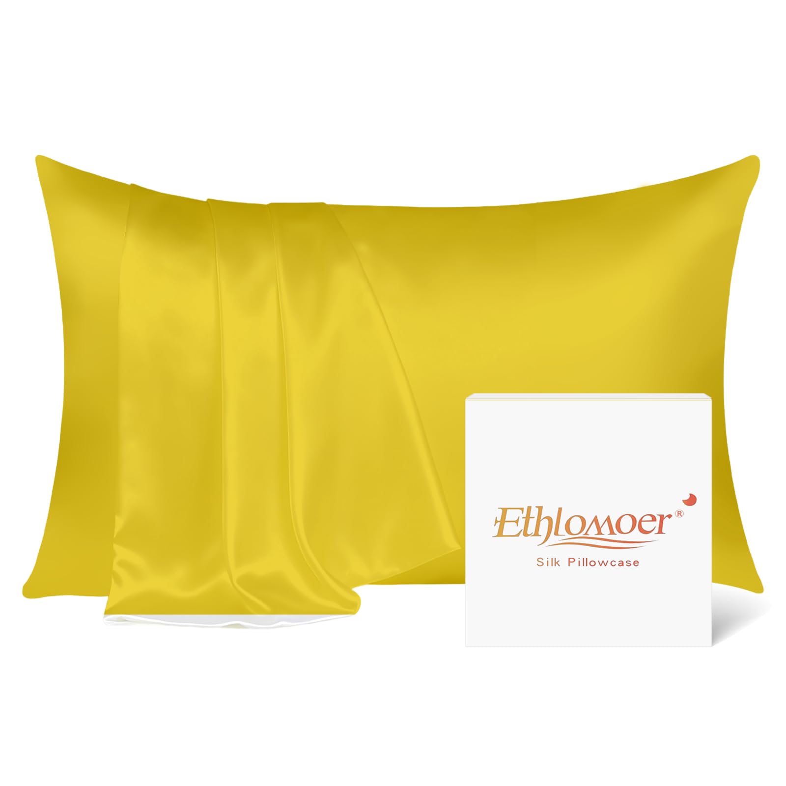 Ethlomoer Natural Pure Silk Pillowcase for Hair and Skin, Both Side 19mm, Hypoallergenic, 600 Thread Count, Smooth Silk Pillow case with Hidden Zipper, Gifts for Women Men, 50x75 cm (Yellow)