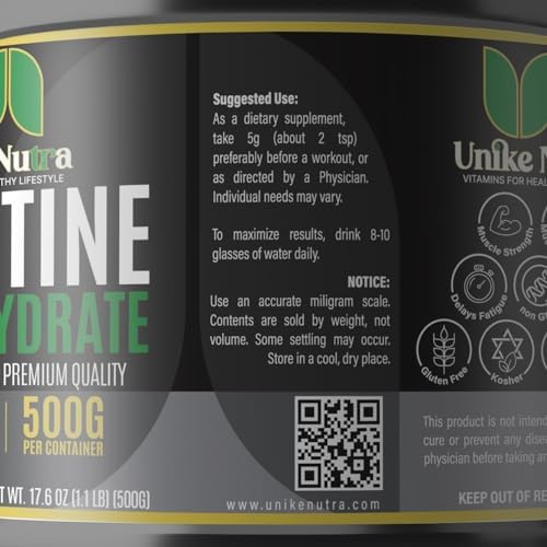 Unike Nutra Pure Creatine Monohydrate Powder Supplement, Unflavored, Supports Bulk Muscle Energy, Recovery, & Strength - Creatine Supplement for Men & Women - 500G, 5000mg Per Serv (5g) - 100 Servings - 5