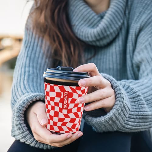 Image of Reusable Insulated Sleeve for Iced Coffee Cup, Coffee Neoprene Sleeve for Cold & Hot Drinks, Beverage Holder for Iced Coffee (Red Wavy Checker, Small: 16-18oz)